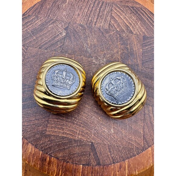 Joan Rivers Crown Coin Clip-On Earrings Gold-Tone Vintage Jewelry - Picture 3 of 5